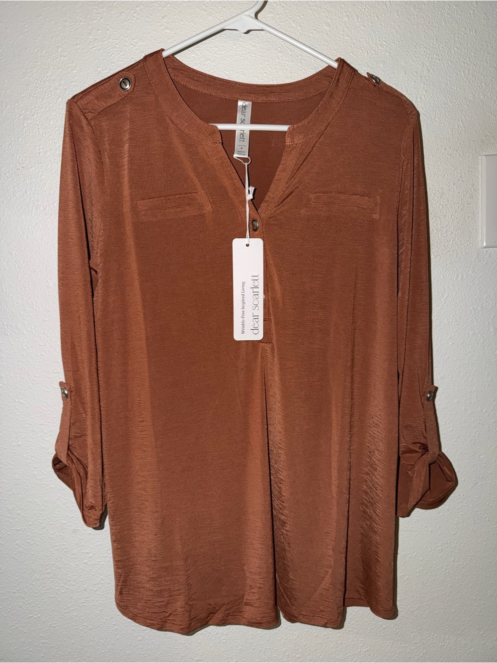 Button-Front Rust Long Sleeve Henley Tunic Top V-Neck NWT - Picture 10 of 10